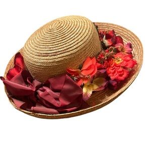 Eric Javits NWT Floral Straw Hat Wide Brim Boater Garden Party Derby Sta…